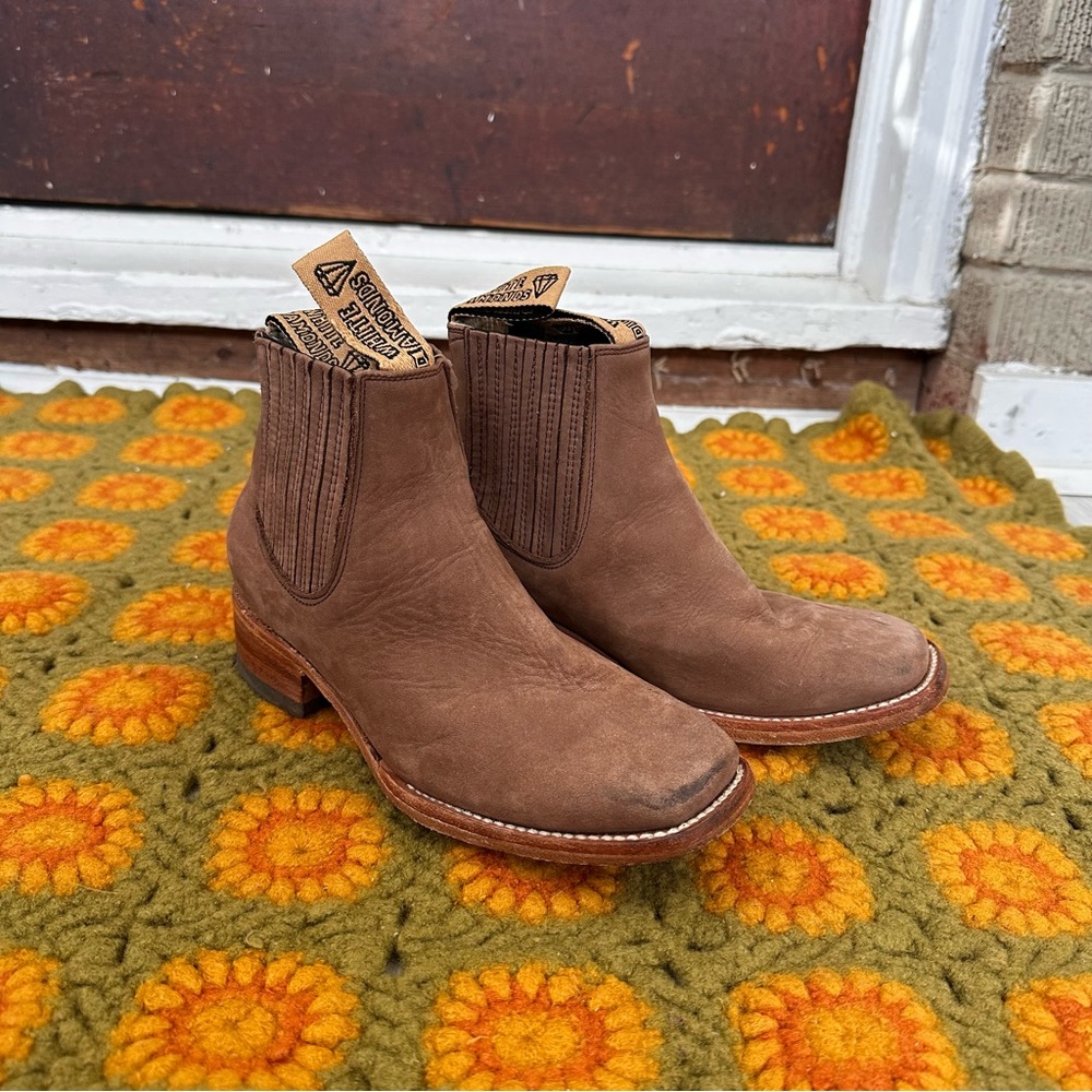 White Diamond square toe suede ankle boot.